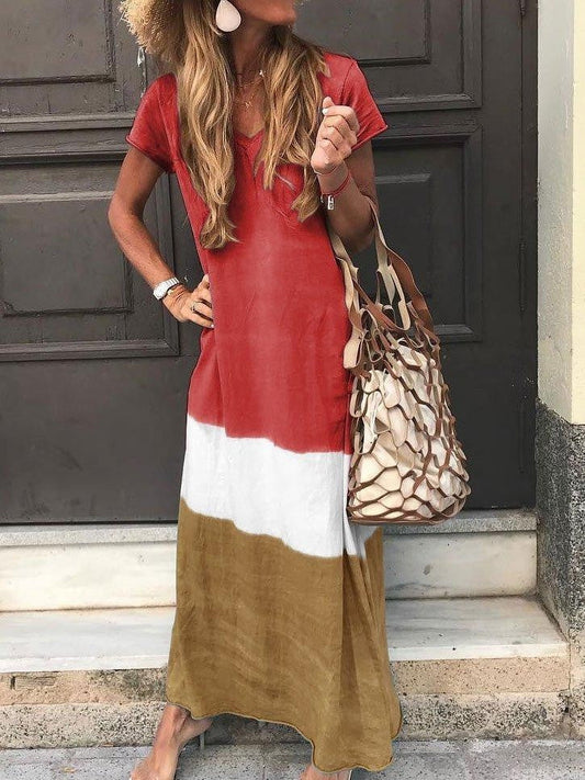 Women's Maxi Dress – Relaxed Fit – Breathable Material – V-neck – Patchwork Design