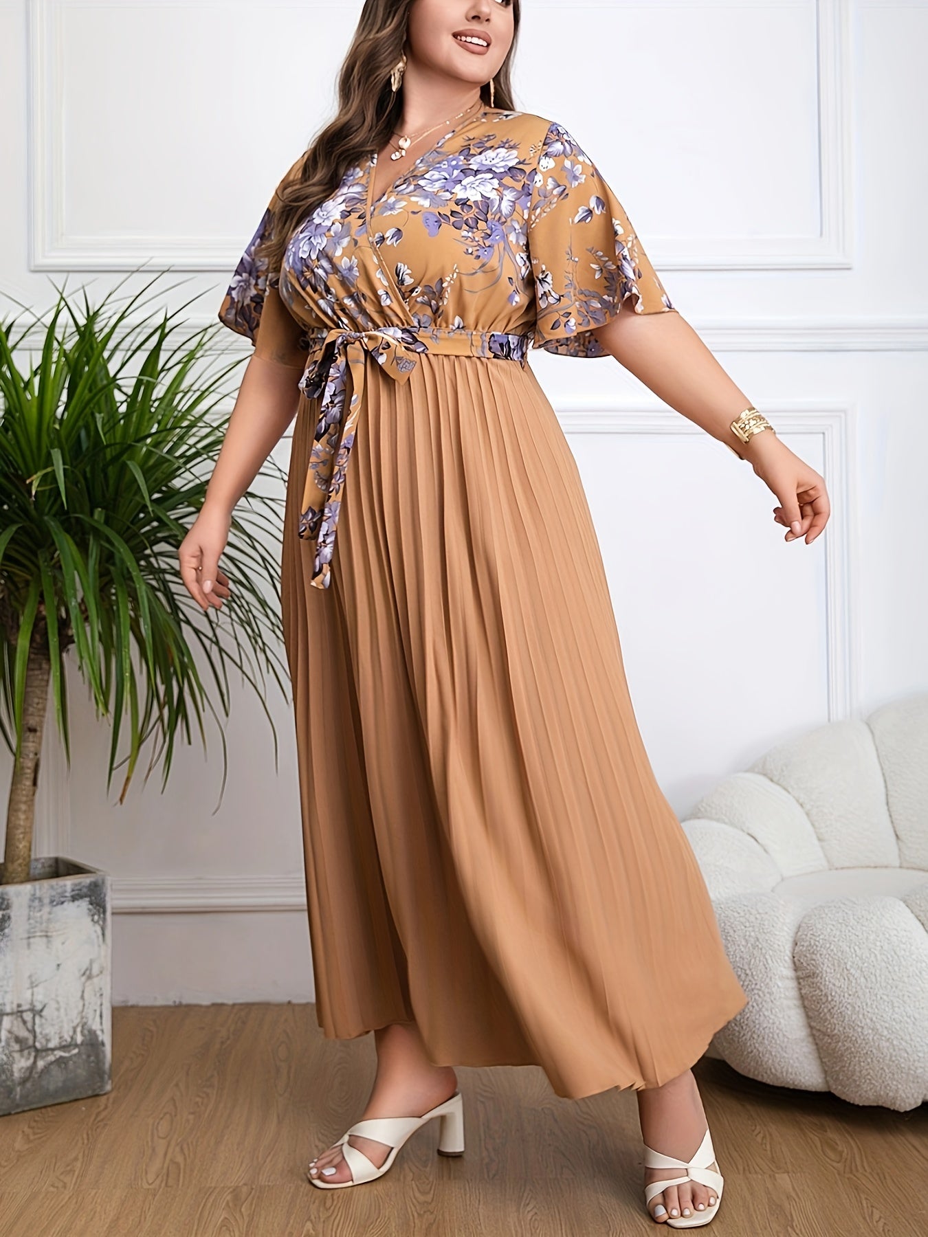 Women's Maxi Dress – V-Neck Wrap – Belted Waist – Short Sleeves – Pleated Skirt