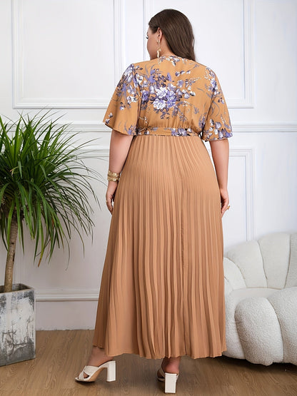 Women's Maxi Dress – V-Neck Wrap – Belted Waist – Short Sleeves – Pleated Skirt