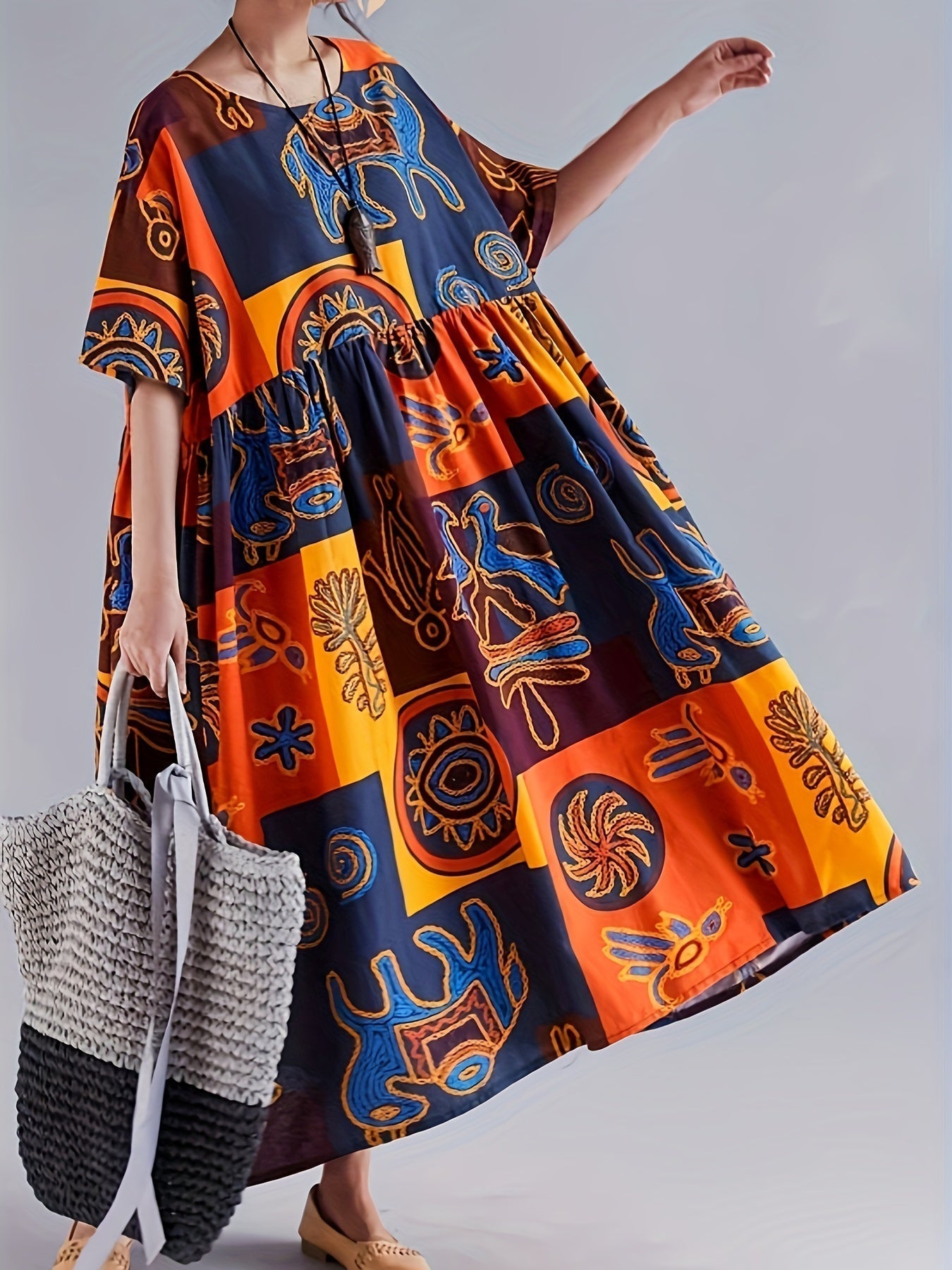 Women's Caftan Dress - Loose Fit - V-Neck - Short Sleeves - Light and Breathable