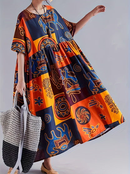 Women's Caftan Dress - Loose Fit - V-Neck - Short Sleeves - Light and Breathable