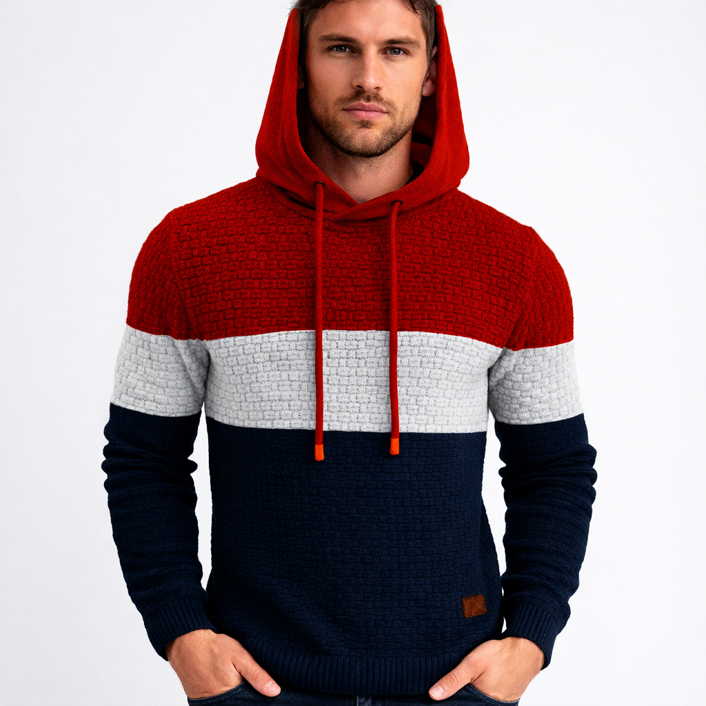 Oliver Hooded Pullover Hoodie | Color Block Textured Knit Mens Pullover Hoodie
