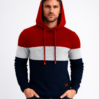 Oliver Hooded Pullover Hoodie | Color Block Textured Knit Mens Pullover Hoodie
