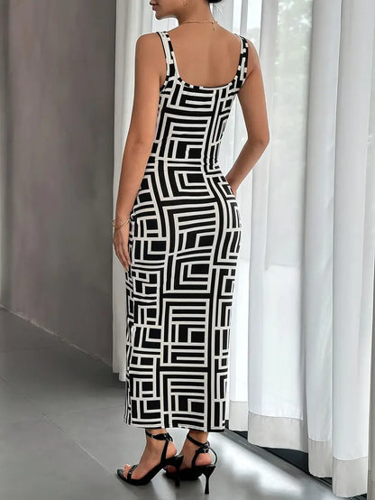 Women's Bodycon Dress - Midi Length - Geometric Pattern - Square Neckline - Thin Straps