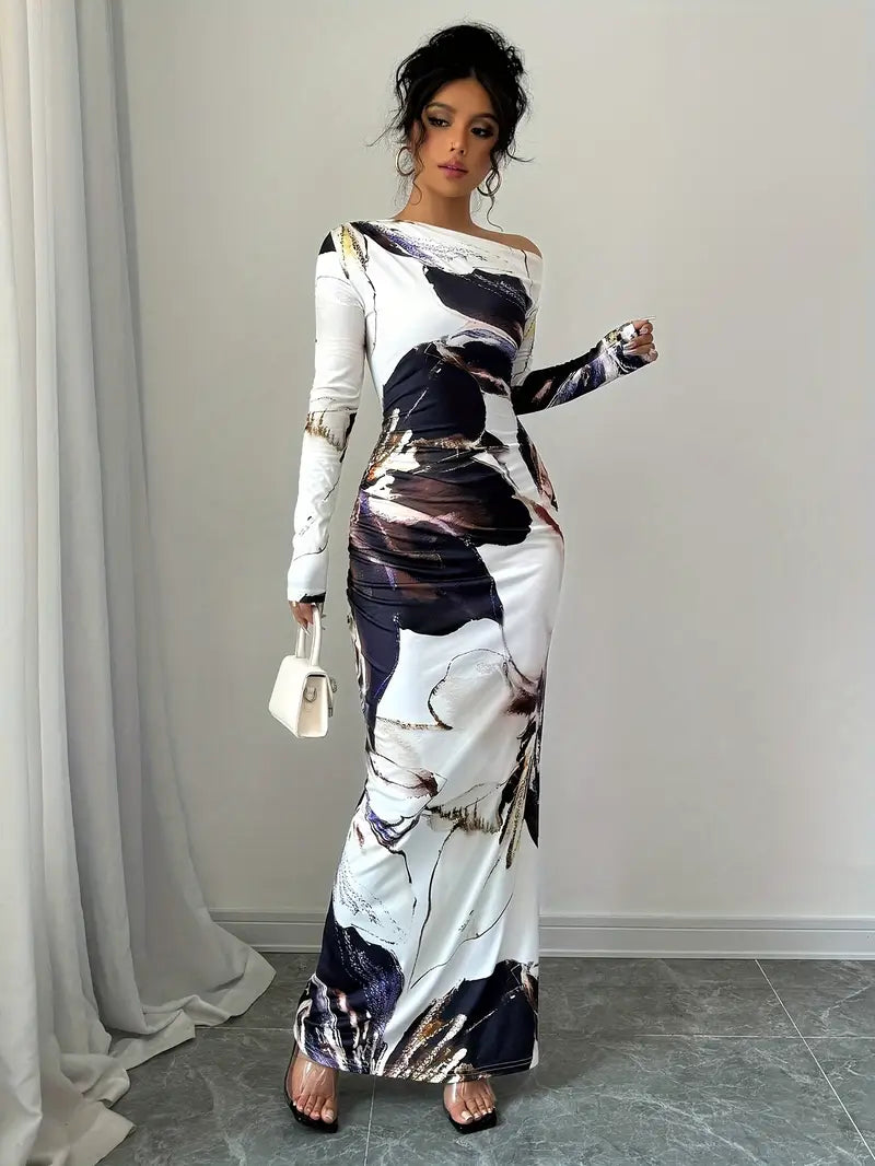 Women's Maxi Dress - Long-Sleeved - Off-Shoulder - Form-Fitting - Elegant Pattern