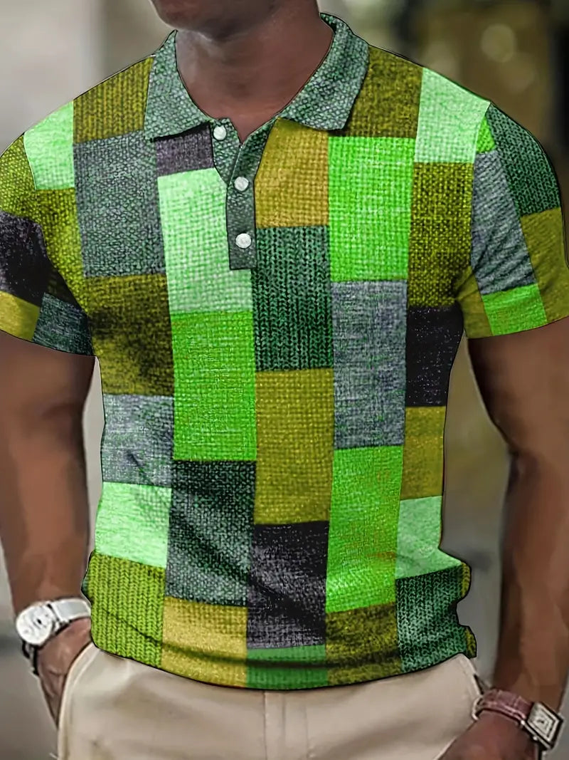Men's Polo Shirt - Patchwork Design - Button Closure - Short-Sleeved - Breathable and Casual