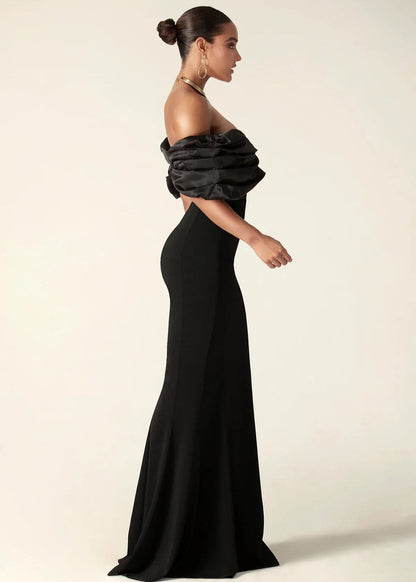 Women's Evening Dress - Off-Shoulder - Draped Bodice - High Slit - Elegant Party Dress