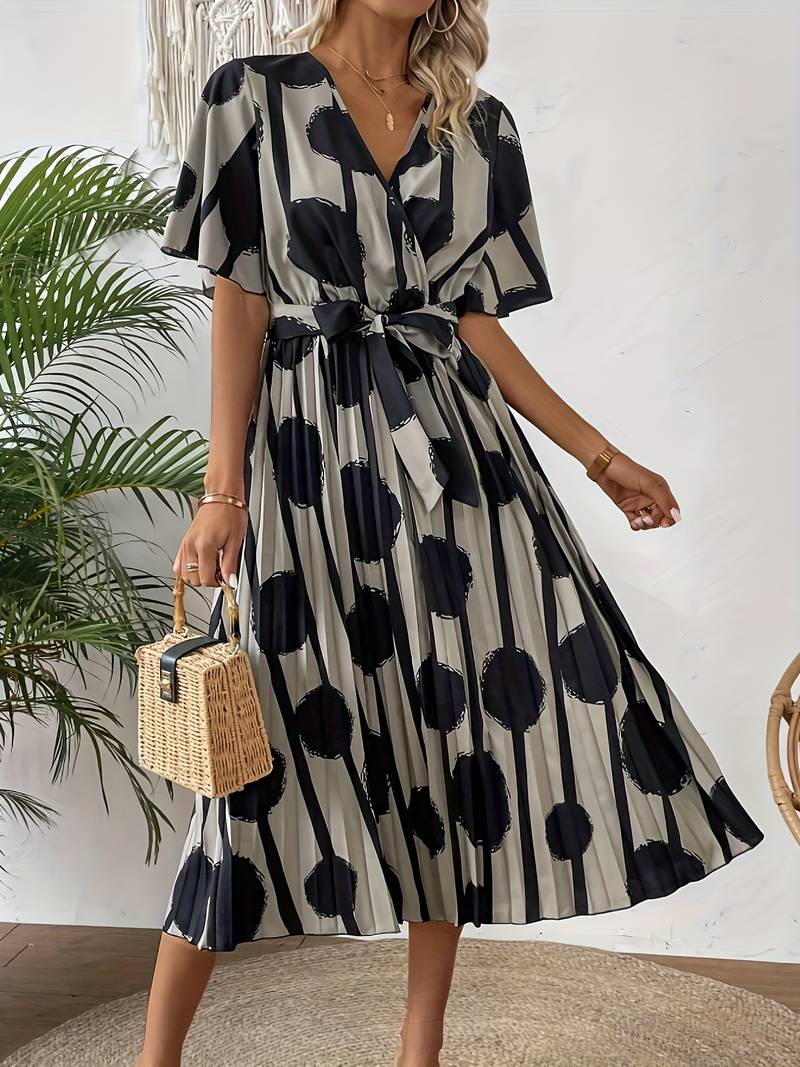 Women's Midi Dress - Polka Dotted - Tie Belt - Pleated Skirt - Elegant Elbow-Length Sleeves