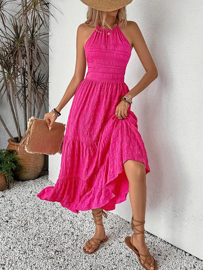 Women's Halterneck Dress - Sleeveless - Ankle Length - Flowing Layered Design