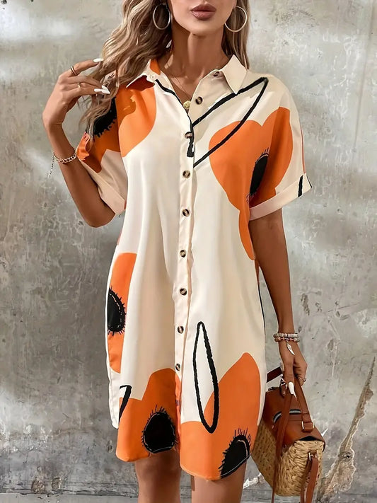 Women's Shirt Dress - Button Closure - Collar - Short Sleeve - Loose Fit - Casual Look
