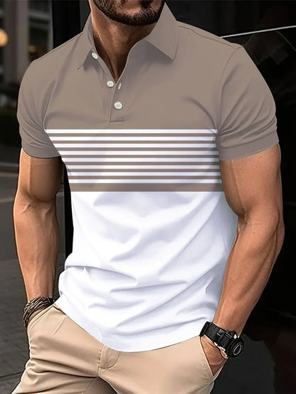 Men's Polo Shirt - Striped Design - Tailored Fit - Short-Sleeved Breathable Casual