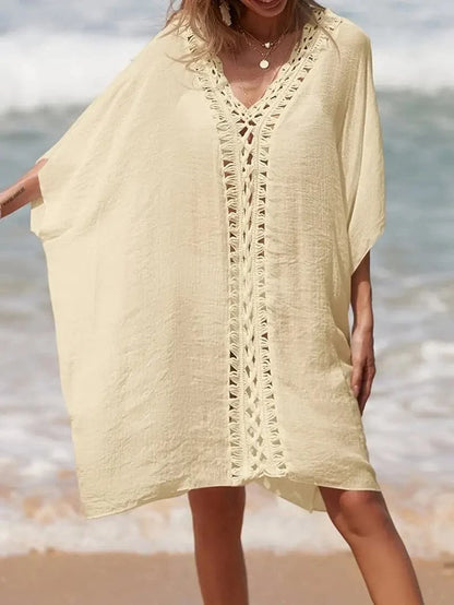 Women's Beach Kimono - Light and Airy - V-Neck with Lace Details - Short Sleeves
