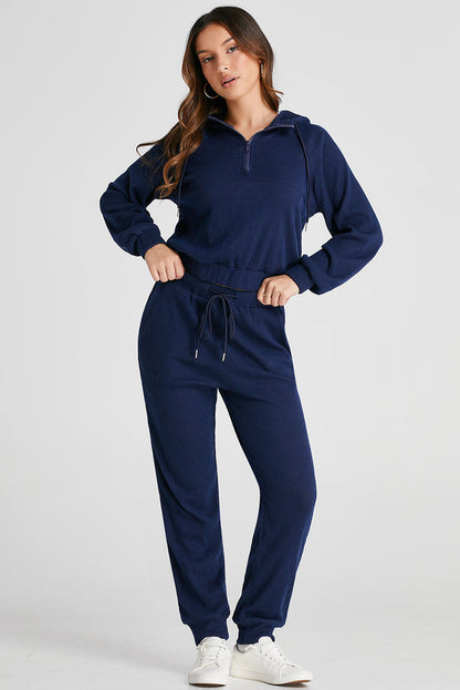 Women's Jogging Set - Ribbed Knit - Half Zip Sweater & Jogging Pants - Relaxed Fit