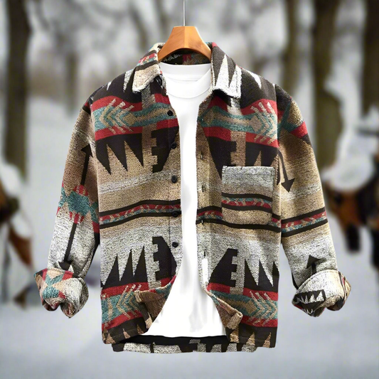 Men's Shirt Jacket - Button Closure - Soft and Durable - Aztec Pattern - Long Sleeves