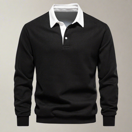 Men's Long-Sleeve Polo Shirt - Classic Collar - Button Closure - Regular Fit - Ribbed Cuffs