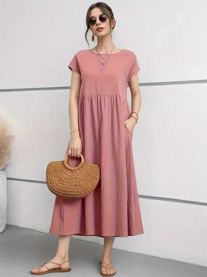 Women's Dress - A-line Fit - Short Sleeve - Round Neck - Midi Length - Lightweight and Breathable