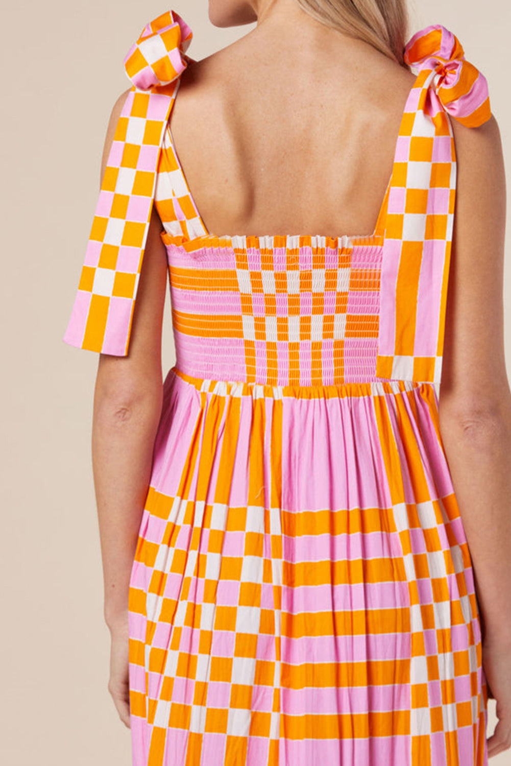 Women's Maxi Dress – A-Line Fit – Bow Straps – Lightweight Woven Fabric – Checkered Pattern