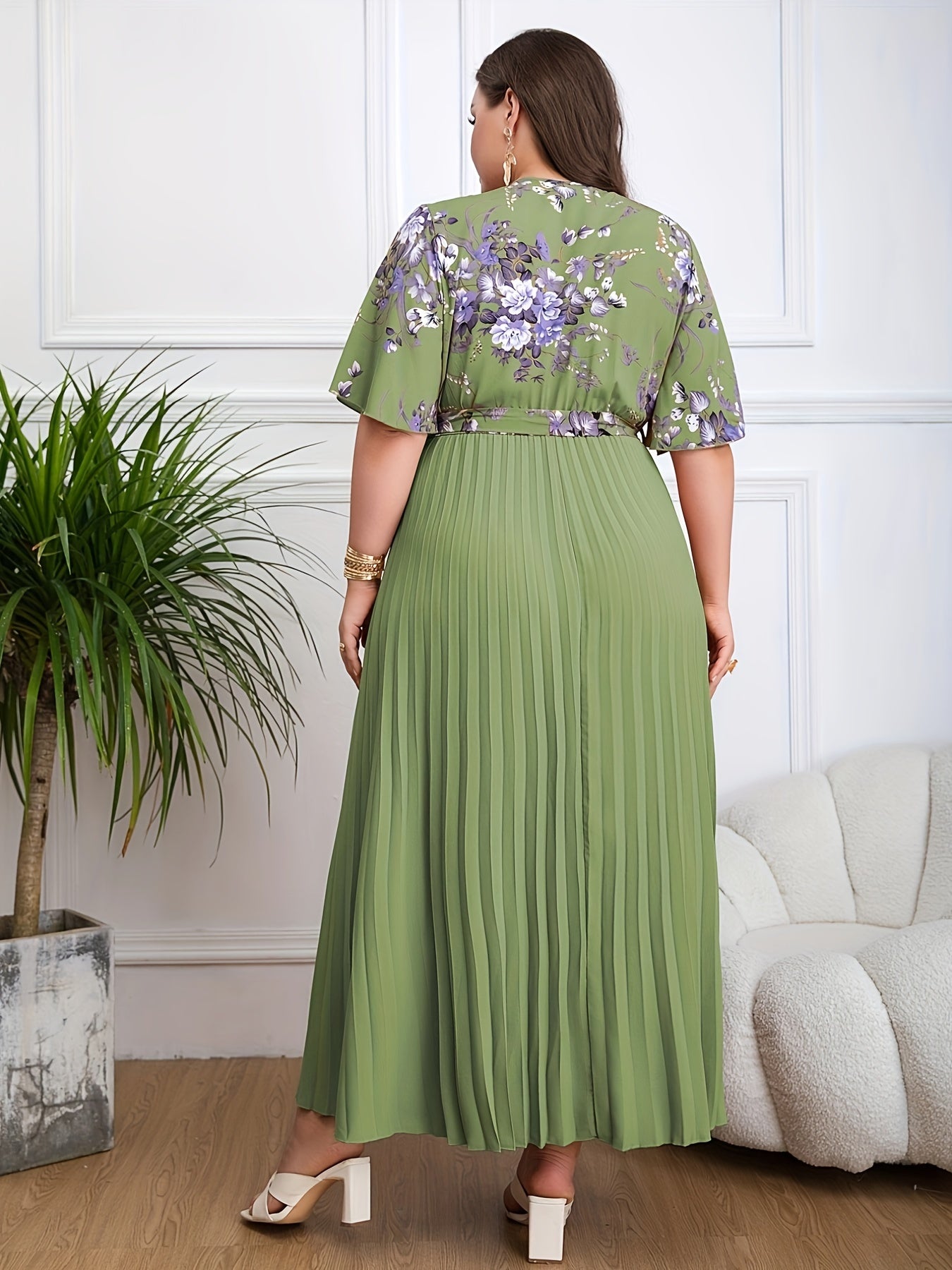 Women's Maxi Dress – V-Neck Wrap – Belted Waist – Short Sleeves – Pleated Skirt