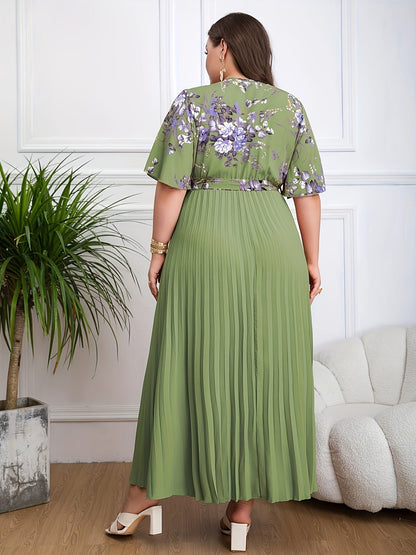 Women's Maxi Dress – V-Neck Wrap – Belted Waist – Short Sleeves – Pleated Skirt