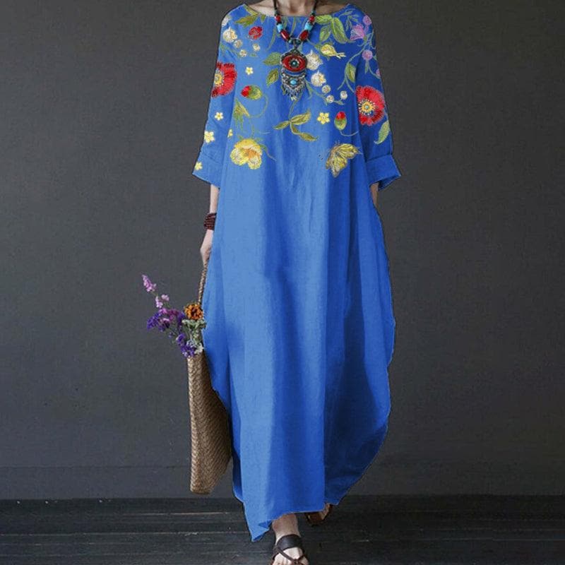 Women's Maxi Dress - Bohemian Style - Loose Fit - 3/4 Sleeves - Embroidered Floral Details
