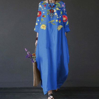 Women's Maxi Dress - Bohemian Style - Loose Fit - 3/4 Sleeves - Embroidered Floral Details