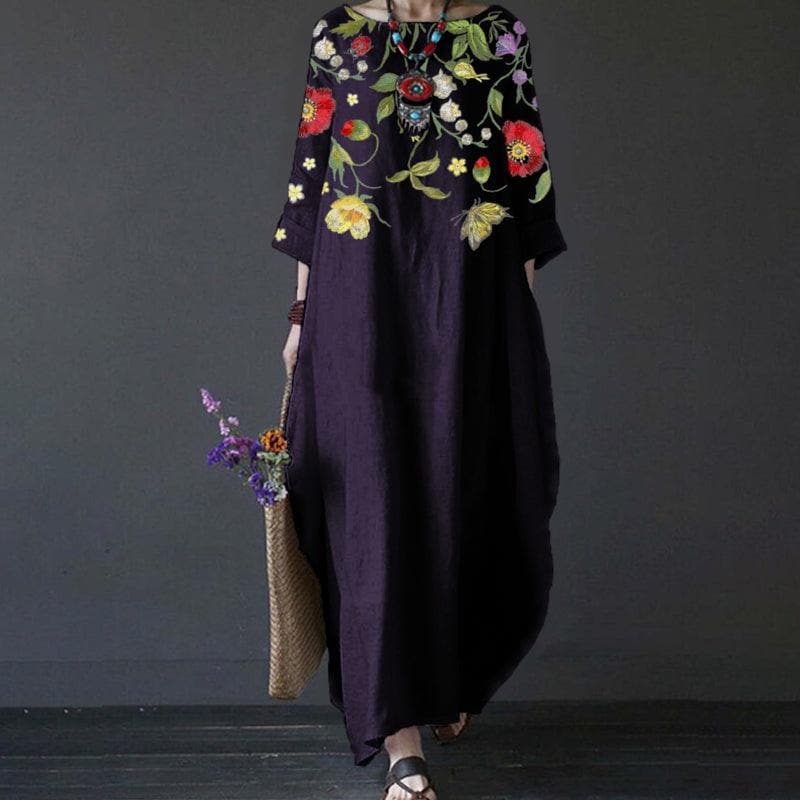 Women's Maxi Dress - Bohemian Style - Loose Fit - 3/4 Sleeves - Embroidered Floral Details