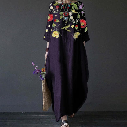 Women's Maxi Dress - Bohemian Style - Loose Fit - 3/4 Sleeves - Embroidered Floral Details