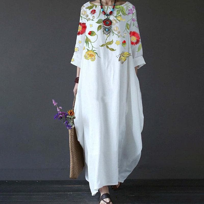 Women's Maxi Dress - Bohemian Style - Loose Fit - 3/4 Sleeves - Embroidered Floral Details