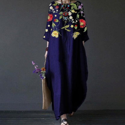 Women's Maxi Dress - Bohemian Style - Loose Fit - 3/4 Sleeves - Embroidered Floral Details