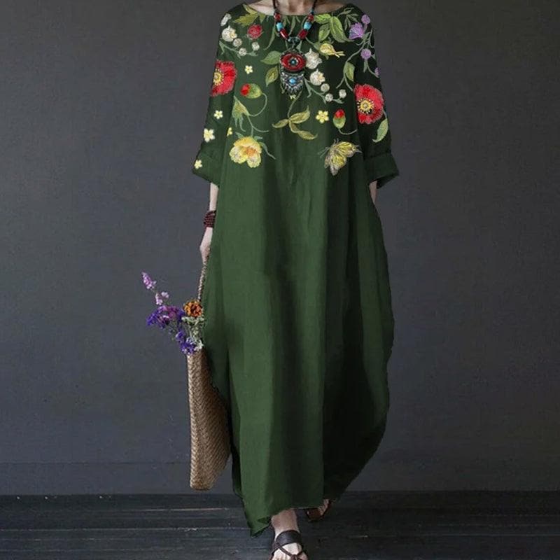 Women's Maxi Dress - Bohemian Style - Loose Fit - 3/4 Sleeves - Embroidered Floral Details