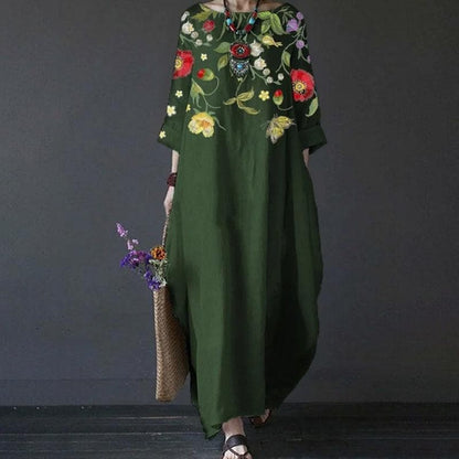 Women's Maxi Dress - Bohemian Style - Loose Fit - 3/4 Sleeves - Embroidered Floral Details