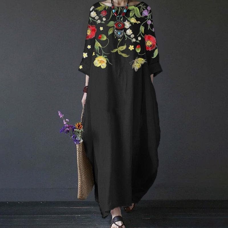 Women's Maxi Dress - Bohemian Style - Loose Fit - 3/4 Sleeves - Embroidered Floral Details