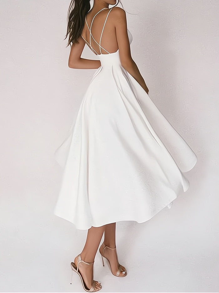 Women's Party Dress - V-Neck - Spaghetti Straps - Fitted Waist - Long A-Line Skirt