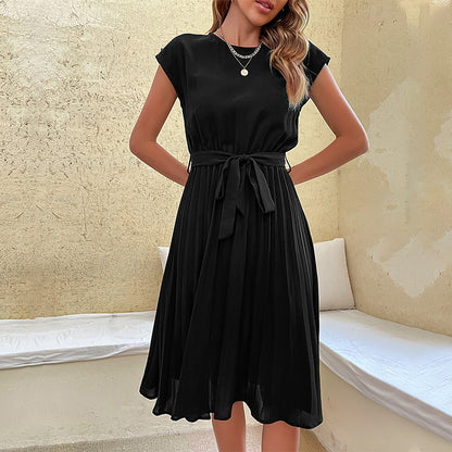 Women's Dress - Knee-Length A-Line - Short Sleeves - Round Neck - Fitted Waist