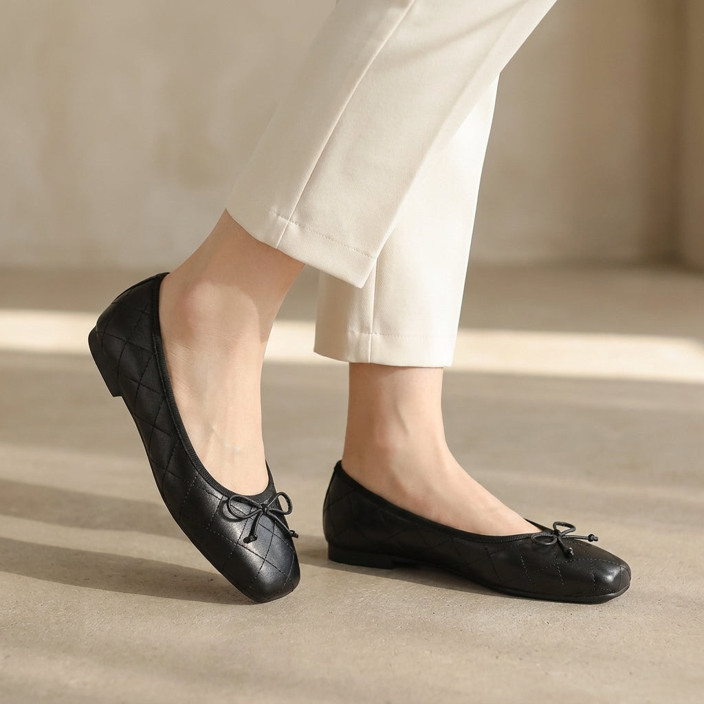 Quilted Square Toe Bow Knot Mary Jane Flats for Women – Comfortable & Lightweight Design