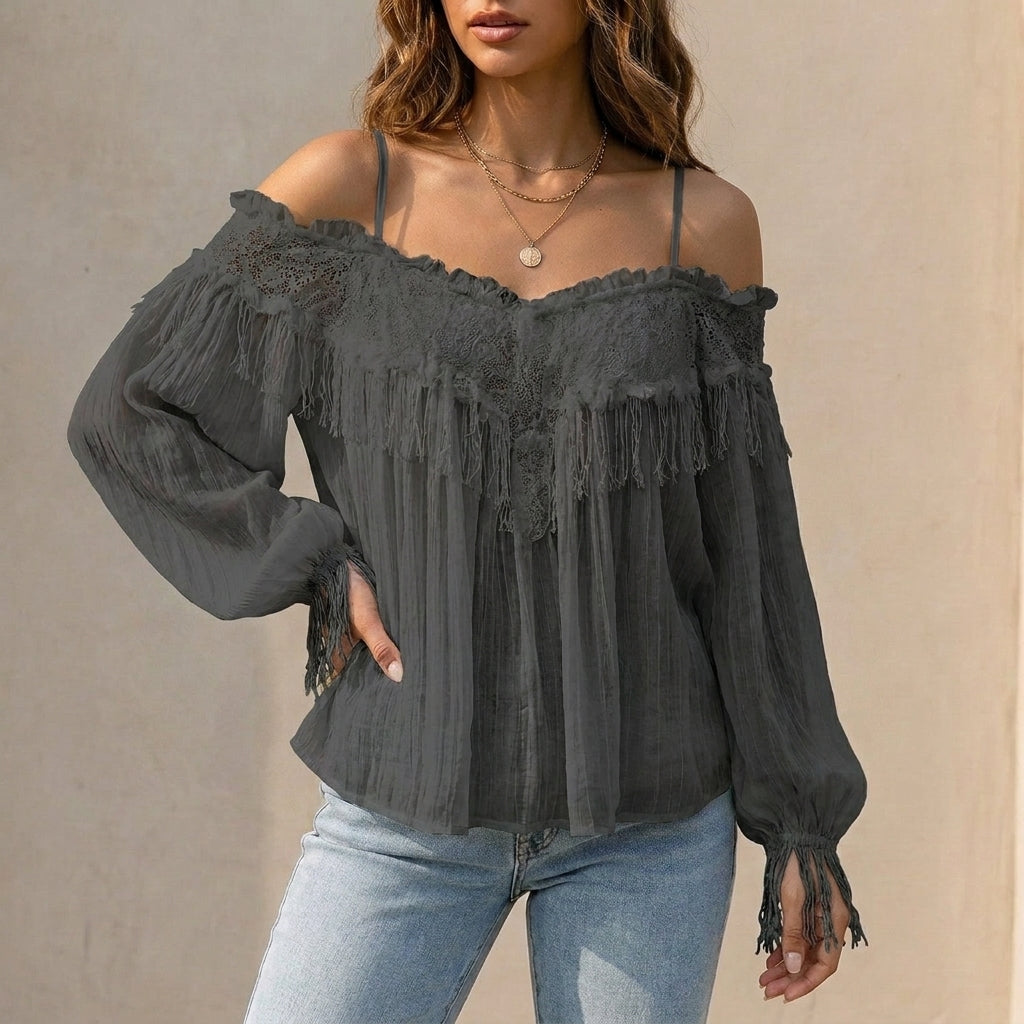 Ruffled Lace Fringe Off-Shoulder Lantern Sleeve Blouse for Women – Stylish & Comfortable Design