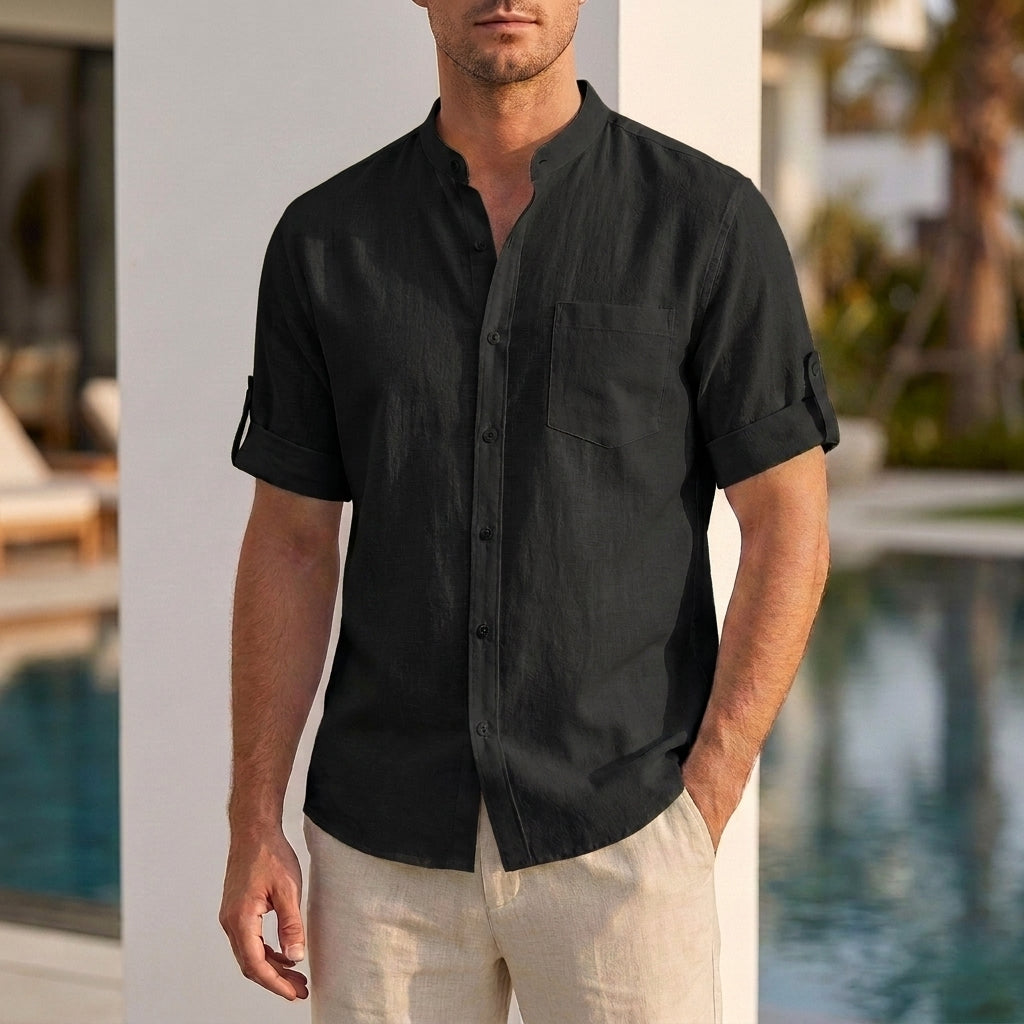 Relaxed Fit Short Sleeve Band Collar Shirt for Men – Casual Stylish Comfort