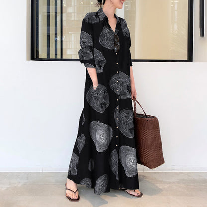 Women's Casual Maxi Dress - Long Sleeve - Button Down - Artistic Print