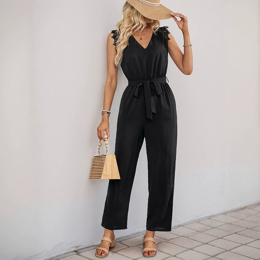 Women's Jumpsuit - V-neck Wrap - Sleeveless with Ruffle Details - Belted Waist - Wide Legs
