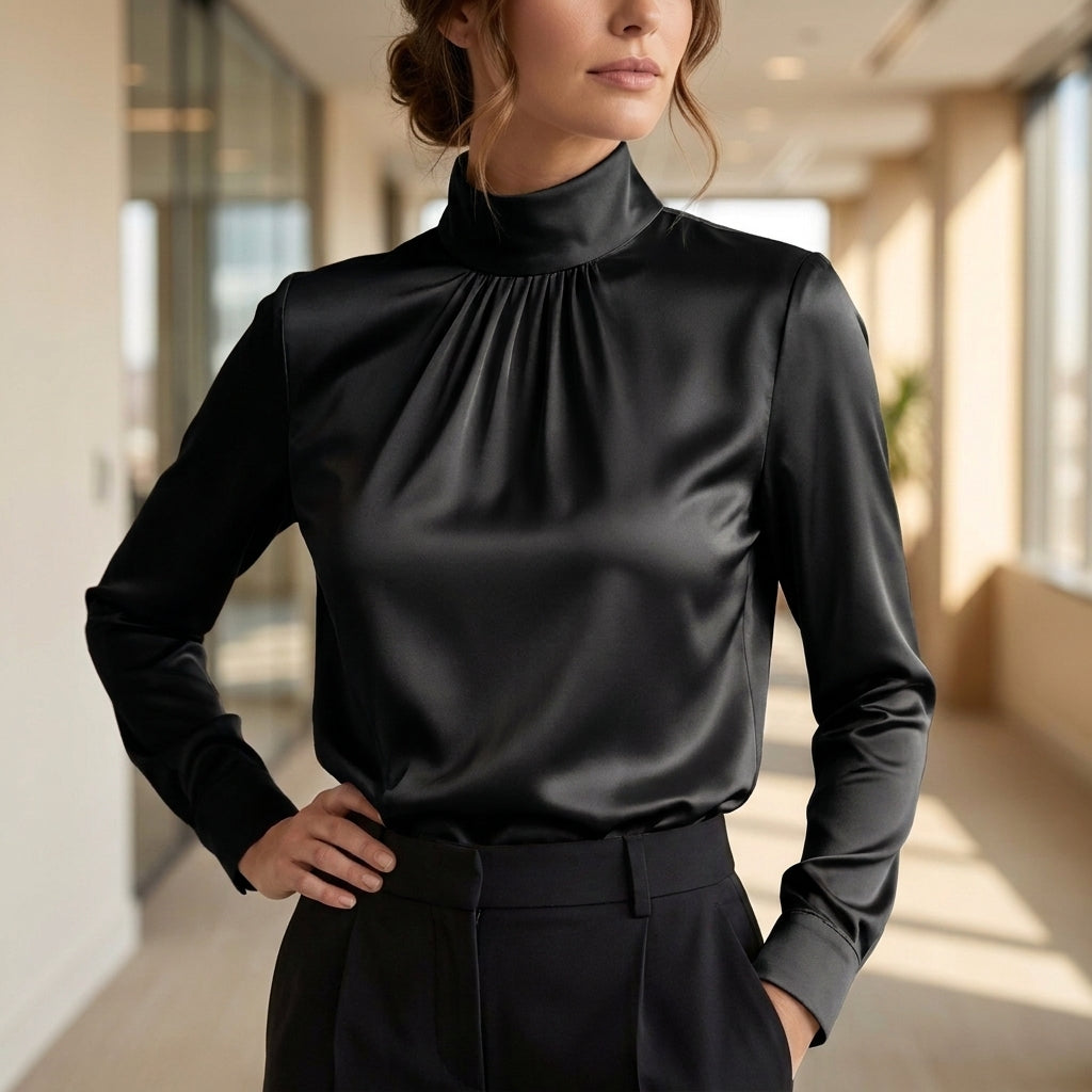 Pleated High Neck Blouse for Women – Elegant Formal Style