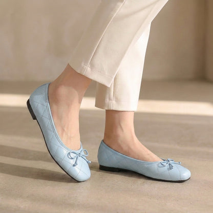 Quilted Square Toe Bow Knot Mary Jane Flats for Women – Comfortable & Lightweight Design
