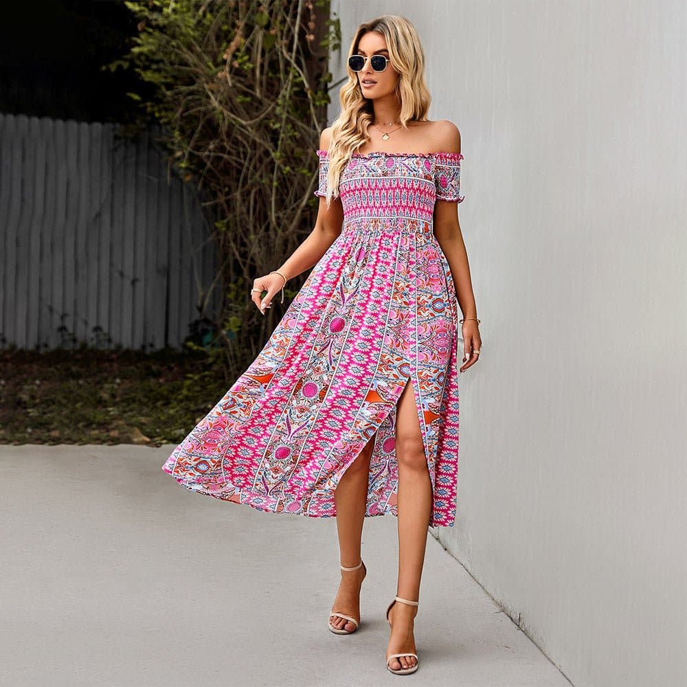 Women's Maxi Dress - Off-Shoulder - Smocked Waist - Bohemian Pattern - Slit