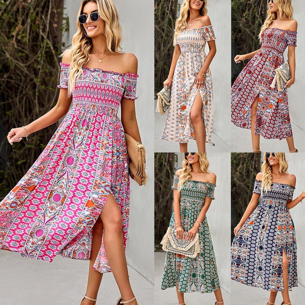 Women's Maxi Dress - Off-Shoulder - Smocked Waist - Bohemian Pattern - Slit
