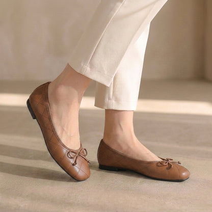 Quilted Square Toe Bow Knot Mary Jane Flats for Women – Comfortable & Lightweight Design