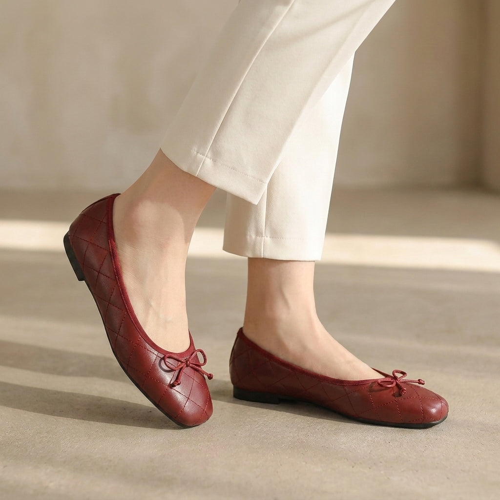 Quilted Square Toe Bow Knot Mary Jane Flats for Women – Comfortable & Lightweight Design