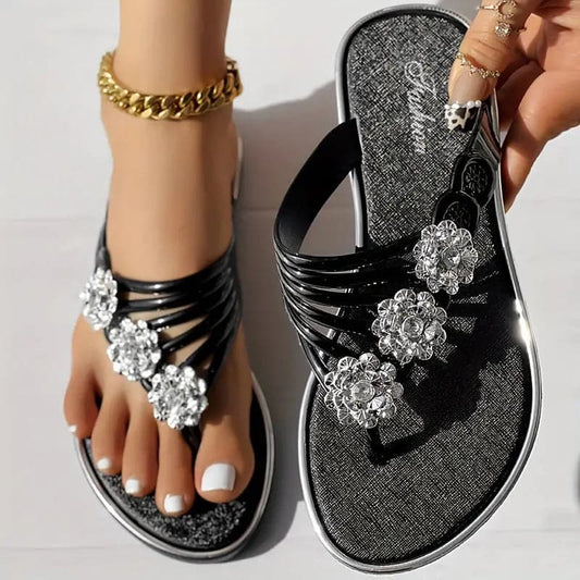 Women's Sandals - Flat with Comfort Sole - Decorative Straps & Flower Details