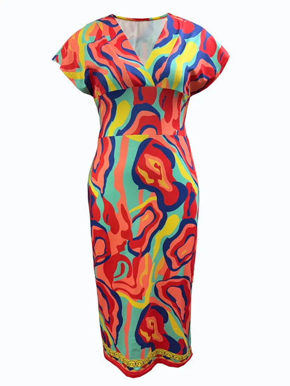 Women Bodycon Dress - Midi Length - V-Neck - Patchwork Design - Short Sleeves