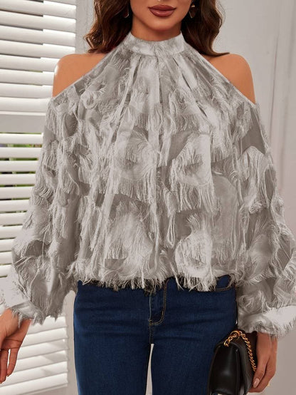 Women's Blouse - Cold Shoulder Design - High Halter Neck - Long Voluminous Sleeves - Elegant Texture