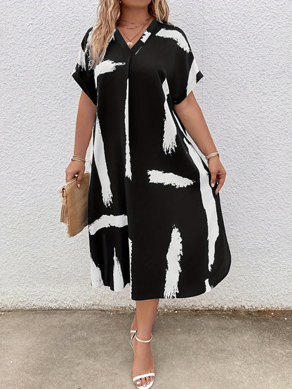 Women's Midi Dress - Loose Fit - V-neck - Short Sleeves - Light and Airy