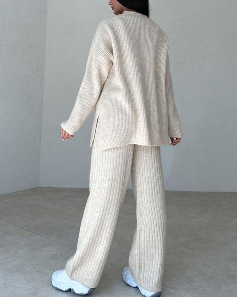 Women's Knitted Lounge Set - Cardigan, Crop Top and Wide-Leg Pants - Soft Comfort
